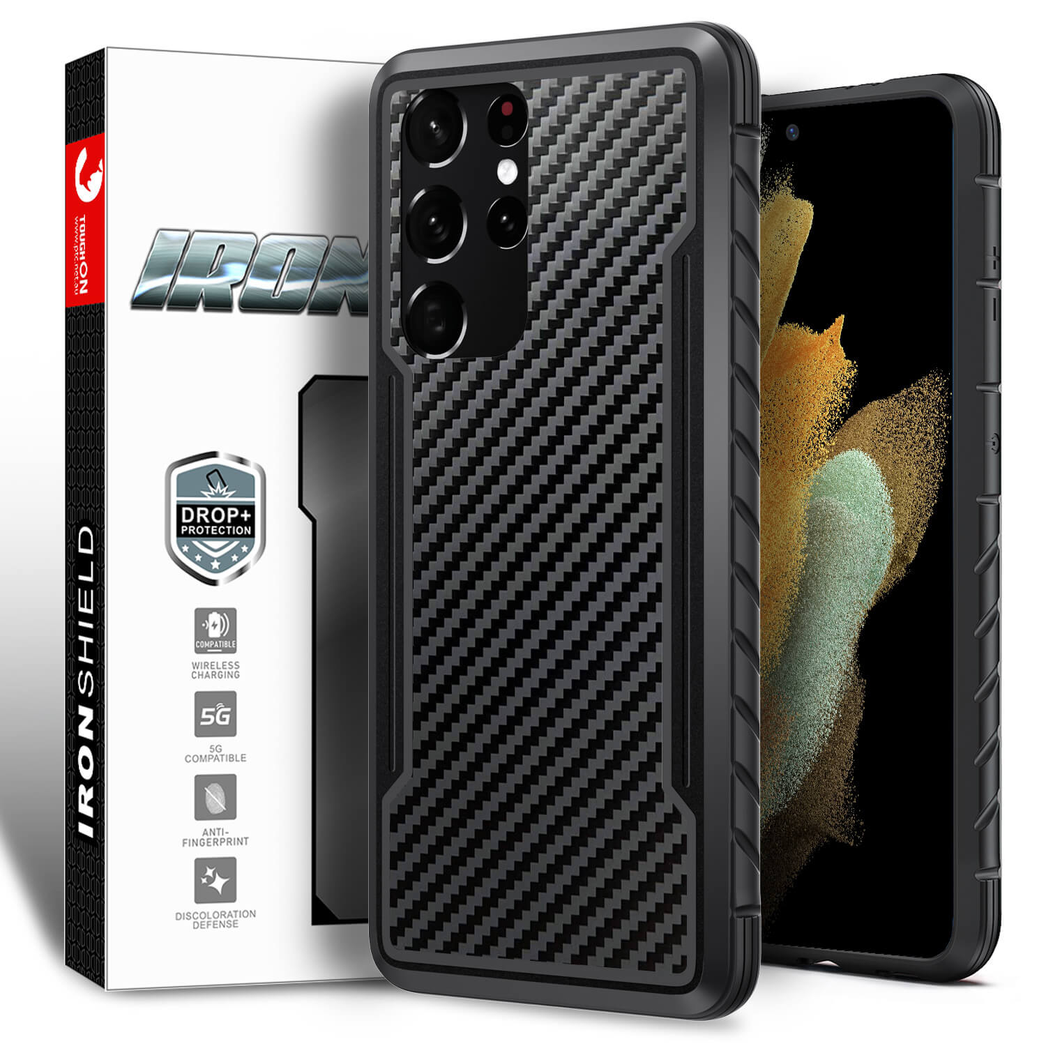 Tough On Samsung Galaxy S21 Ultra 5G Case Iron Shield Carbon Fiber Bla