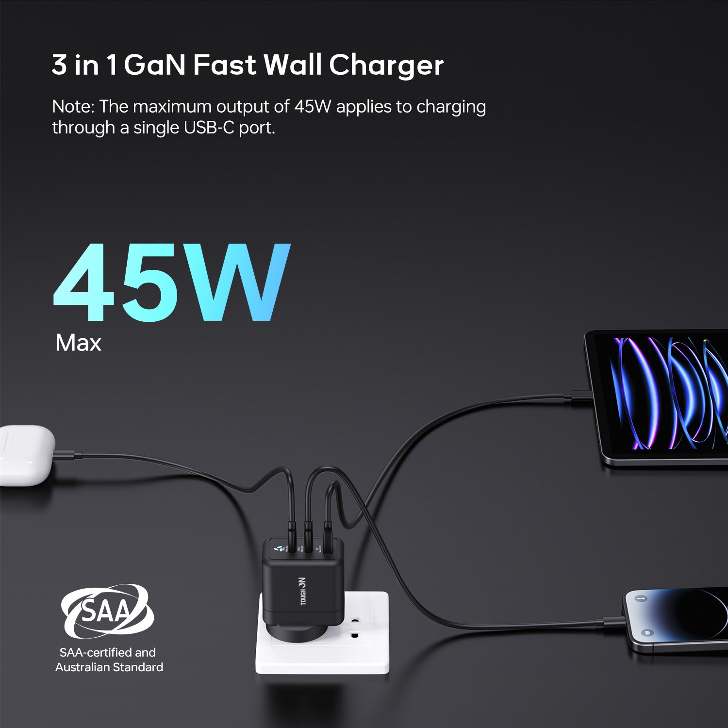 Tough On 45W 3 Port PD & QC 3.0 Fast Wall Charger