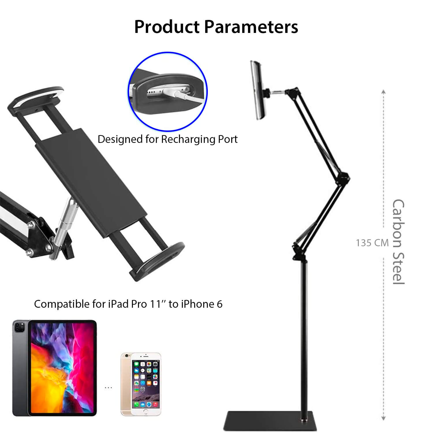 Adjustable Floor Stand With Phone & Tablet Holder