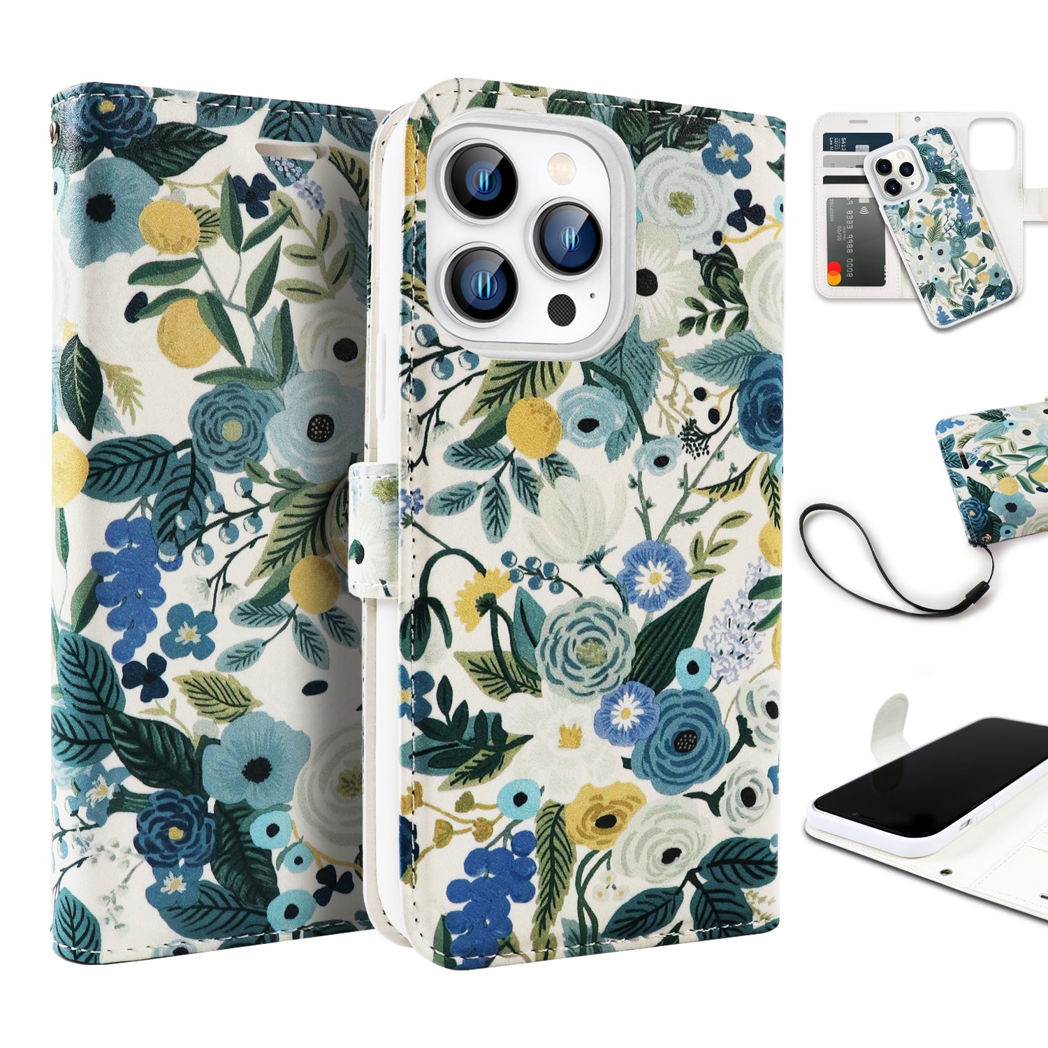 Tough On iPhone 14 Pro Max Magnetic Detachable Leather Floral Pattern Blue