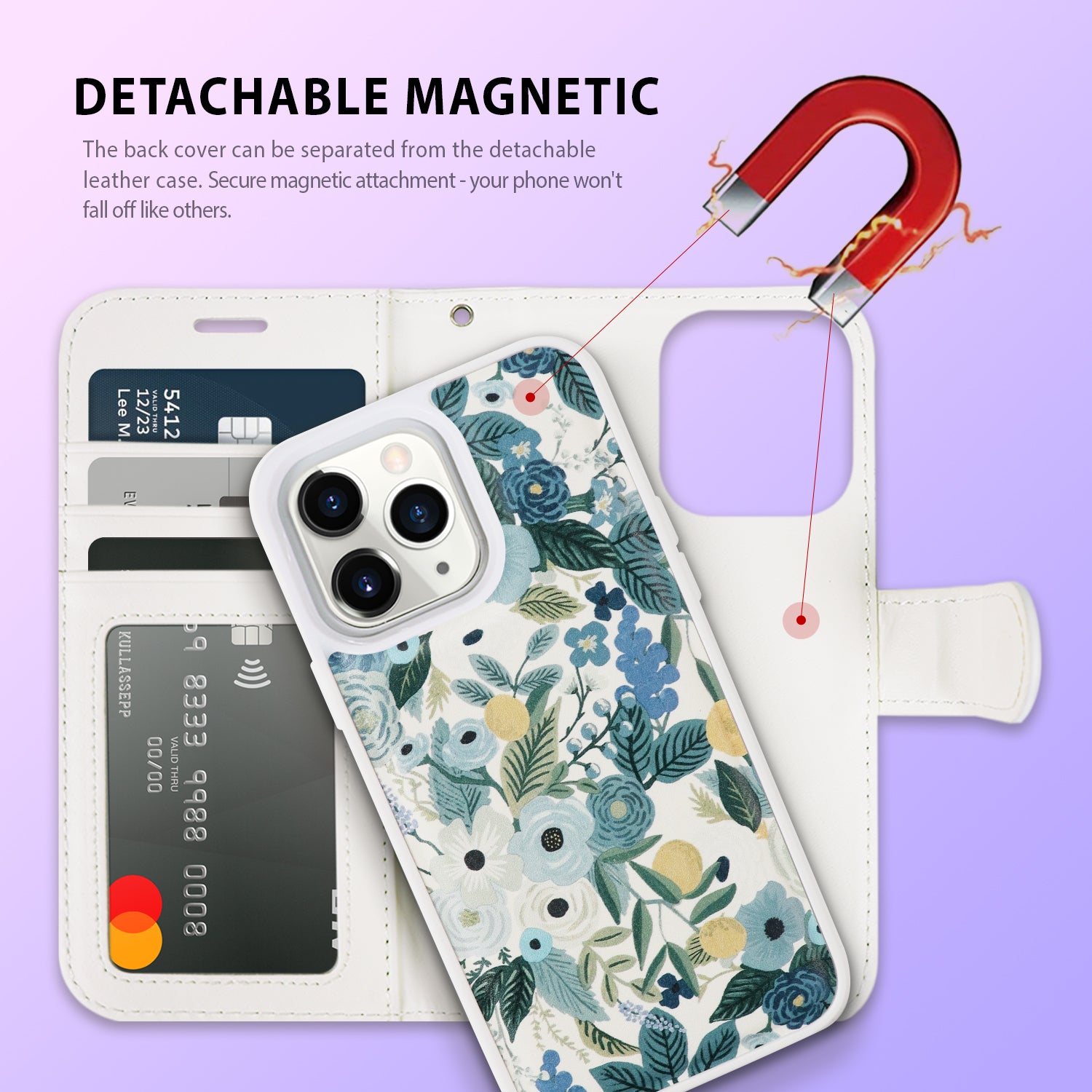 Tough On iPhone 14 Pro Max Magnetic Detachable Leather Floral Pattern Blue