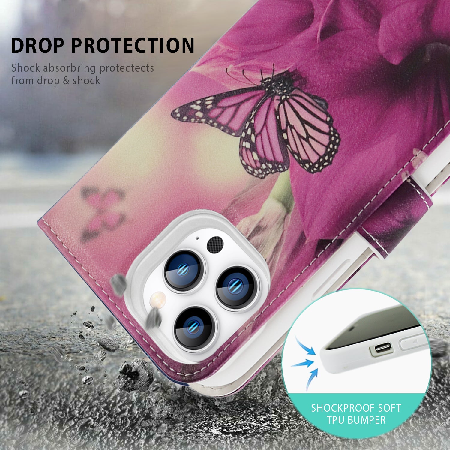 Tough On iPhone 14 Pro Max Magnetic Detachable Leather Case Butterfly Pink Lady